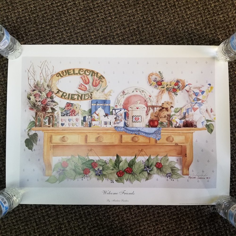Vintage 1994 "Welcome Friends" Kids Shelf Print Signed Marlene Sanders Artist